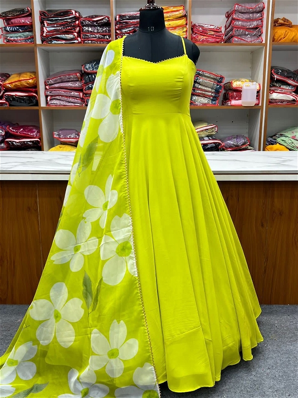 Simple Gown With Floral Dupatta - L, Neon