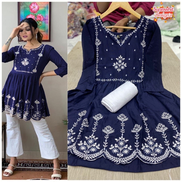 Designer Embroidery Top With Pant Set - Navy Blue, XXL