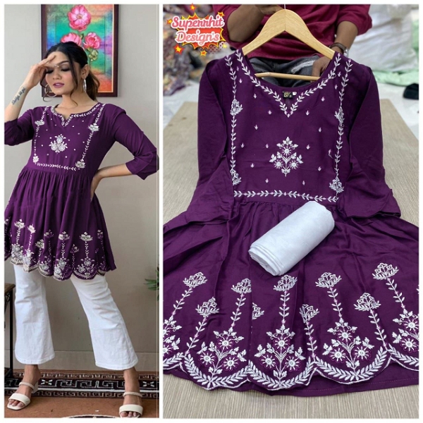Designer Embroidery Top With Pant Set - Purple, XL