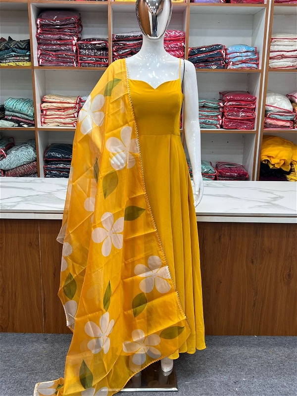 Simple Gown With Floral Dupatta - L, Yellow