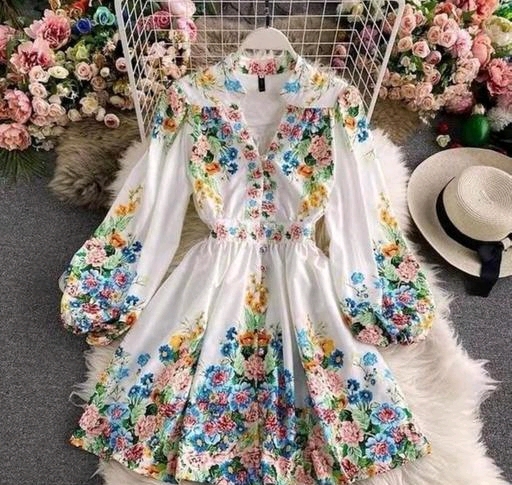 Floral Printed Puff Sleeves Dress - S