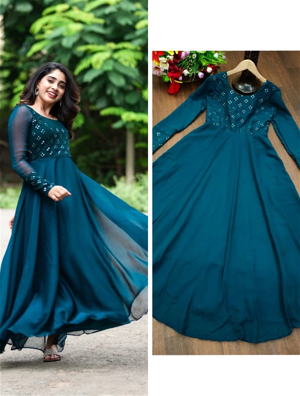 Mirror Work Embroidery Gown - Teal, XXL