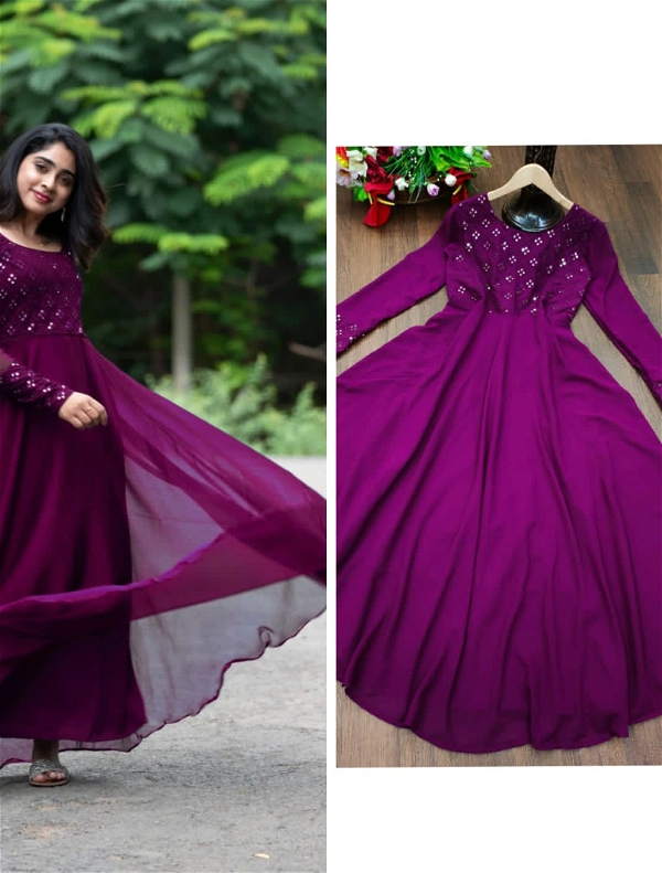 Mirror Work Embroidery Gown - Purple, XXL
