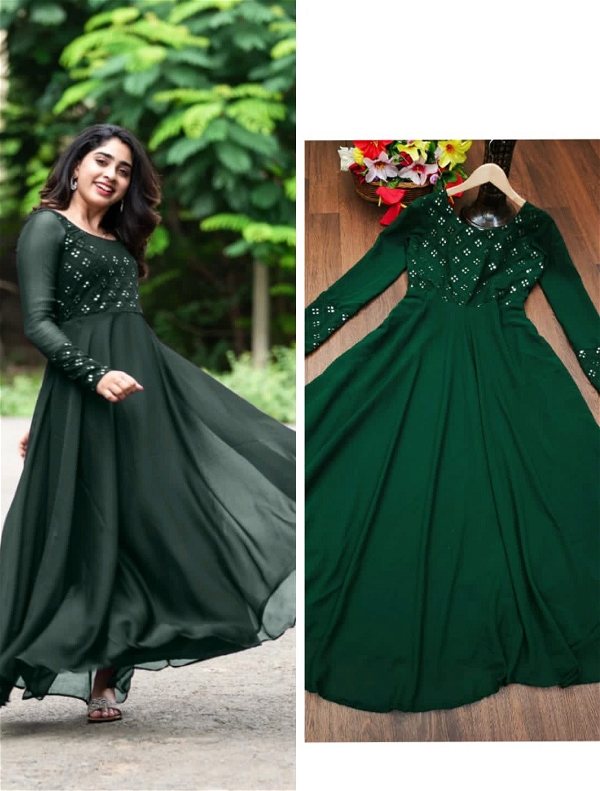 Mirror Work Embroidery Gown - Green, L