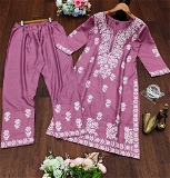 Chikankari Kurti With Pant Set - Fuchsia Pink, L