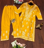 Chikankari Kurti With Pant Set - Yellow Orange, L