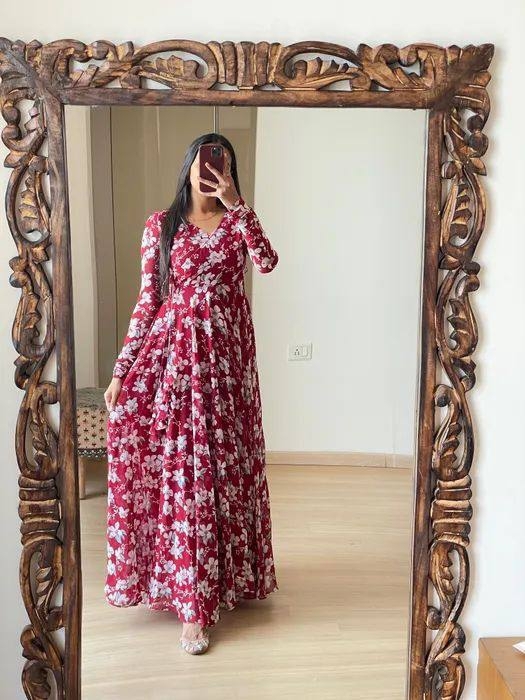 Knot Design Floral Printed Gown - XXL, Maroon