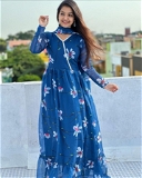 Blue Color Floral Gown With Dupatta - XL