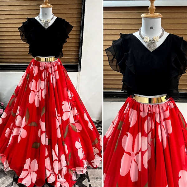 Ready To Wear Crop Top Floral Lehenga Choli - Red