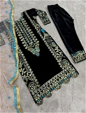 Designer Heavy Embroidery Work Velvet Suit - XL, Black