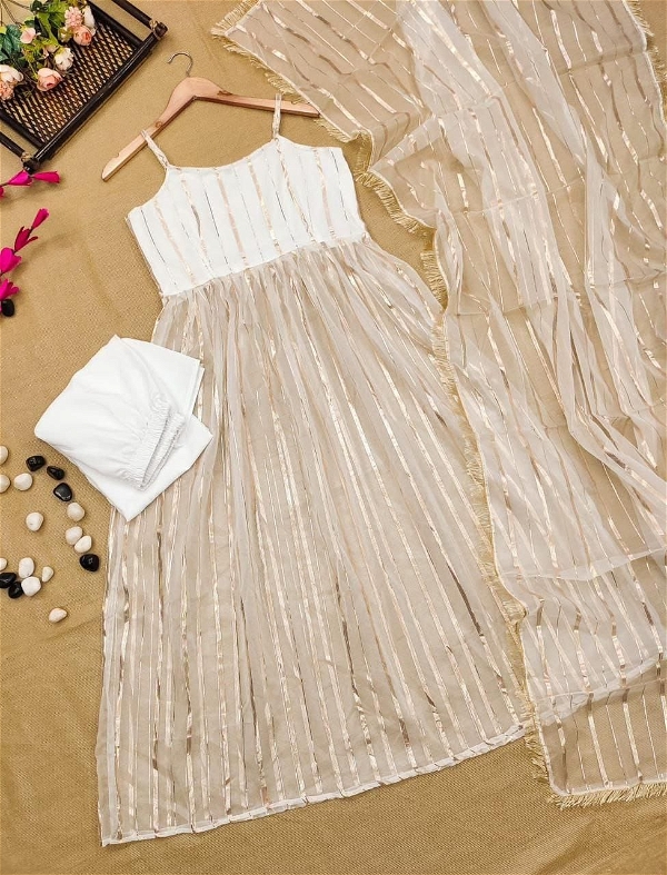 Beautiful Foil Work Organza Suit - White, XL