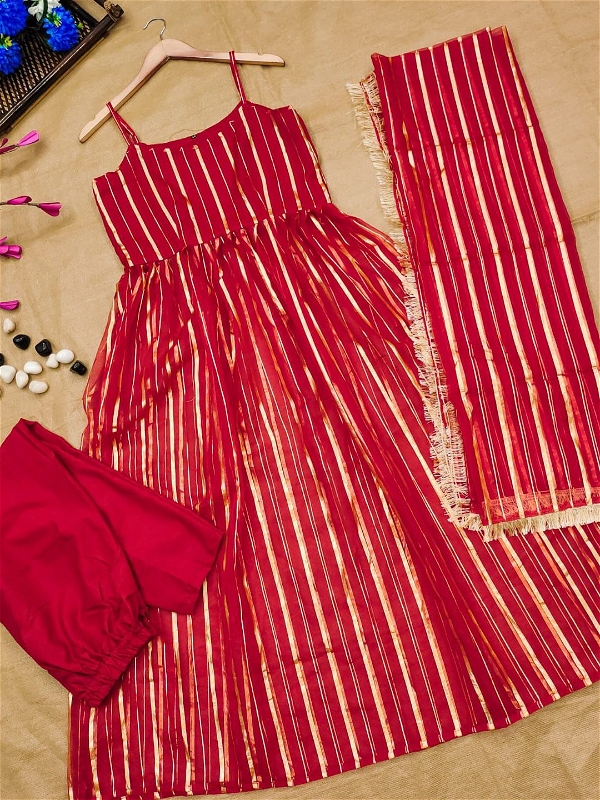 Beautiful Foil Work Organza Suit - Red, L