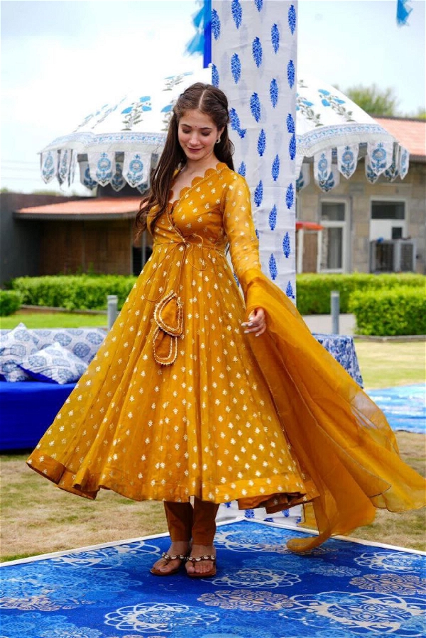 Mustard Color Embroidery Work Gown With Dupatta - L