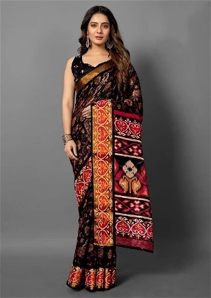 Premium Tanza Cotton Printed Saree With Blouse - Black - 6.3 mtrs w/blouse