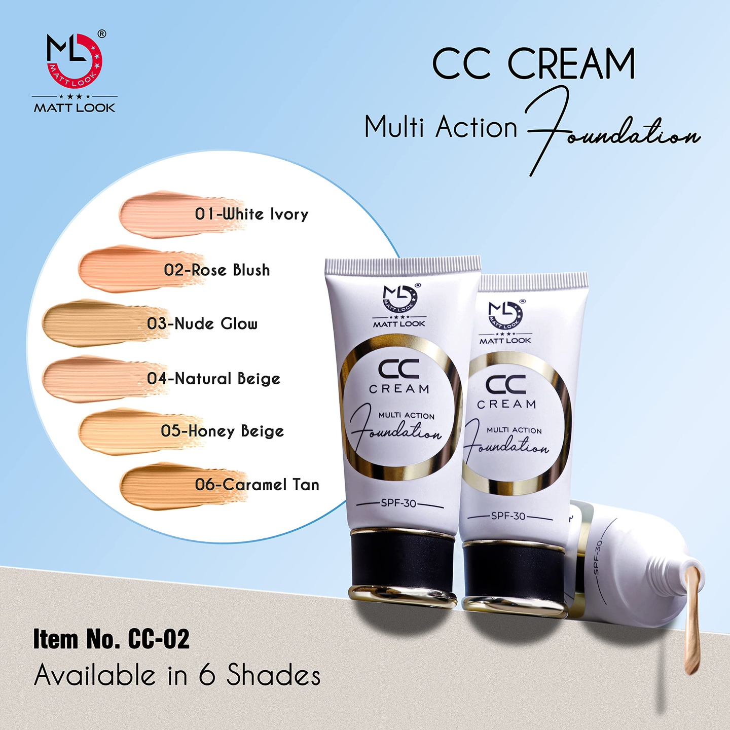 Mattlook CC Cream Multi Action Foundation | Colour Correcting, Brightening, Hide Blemishes | Lightweight Formula | Even Skin Tone | Blendable | Full Coverage | Natural Finish- Caramel Tan (60 gm) - 05 — Honey Beige