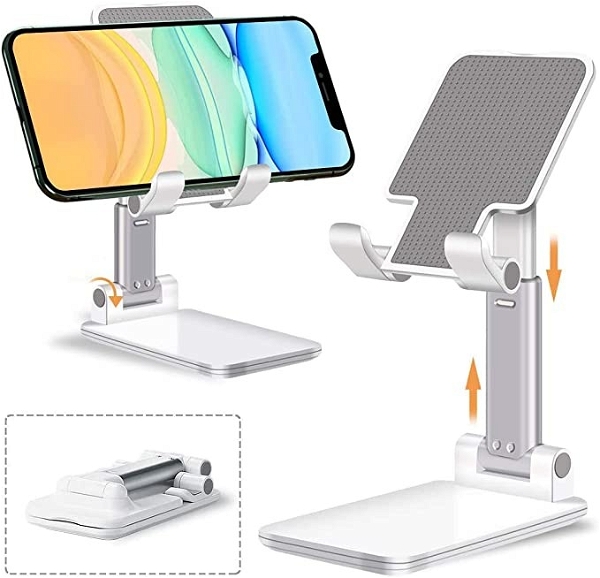 Tabletop Telescopic Universal Mobile and Tablet Holder with Multi Angle Adjustment, Super Compact Design (Pearl White)