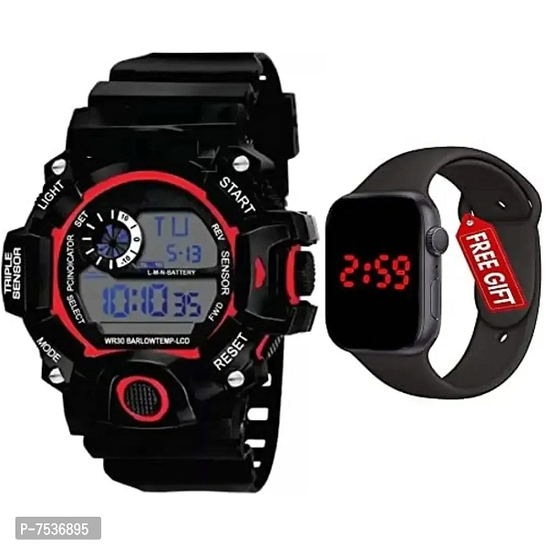 Acnos Brand - A Digital Watch with Square LED Shockproof Multi-Functional Automatic Red Boader Black Waterproof Digital Sports Watch for Men's Kids Watch for Boys - Watch for Men Pack of 2 - Free Delivery, Black, Free