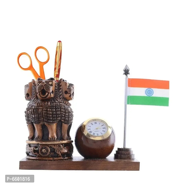 Wooden pen Holder With Ashoka pillar and Flag and lclock - Free Delivery