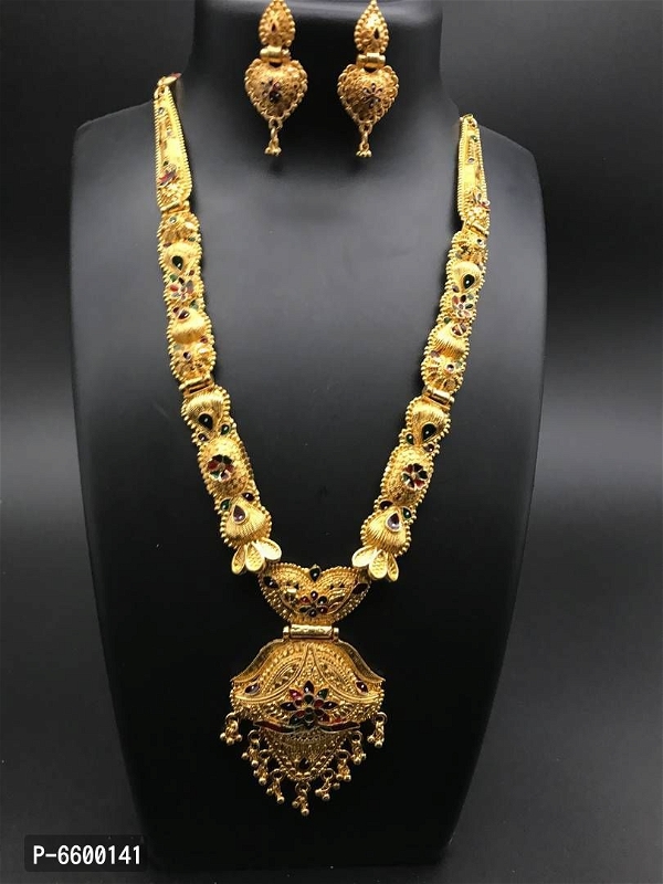 Golden Brass Designer Necklace Set - Gold, Free Delivery