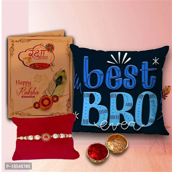 AWANI TRENDS Rakhi Combo Gift for Brother Raksha Bandhan Gift Pack Best BRO - Printed Cushion Pillow (12 * 12 Inch) Rakhi Greeting Card Roli Chawal Birthday Gift for Brother - Standard, Free Delivery