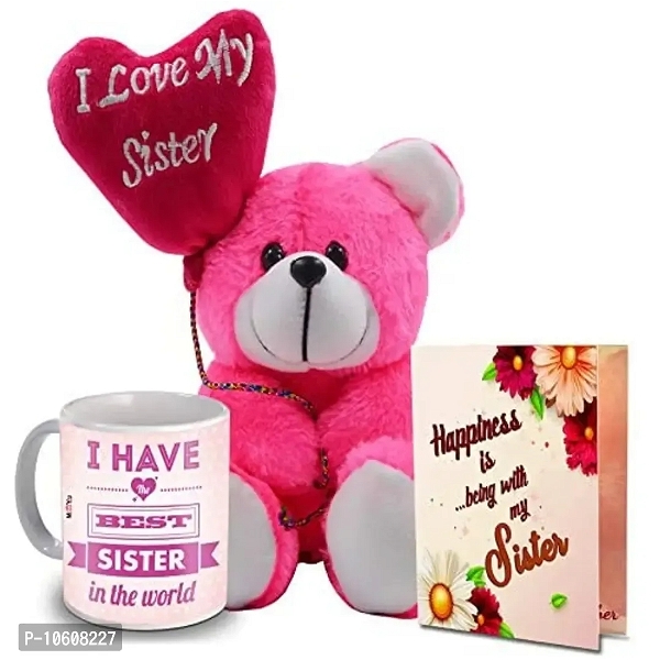 ME & YOU Gifts for Sister, Printed Ceramic Mug with Greeting Card and Teddy Gift for Birthday/Rakhi/Raksha Bandhan/Anniversary/Bhaidooj - Free Delivery, Large