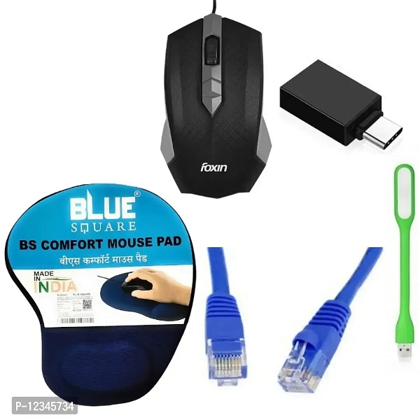 Foxin Grey Smart Wired Mouse, Mousepad, LAN cable, USB Light, Type C OTG Combo Set (Multi color - Free Delivery