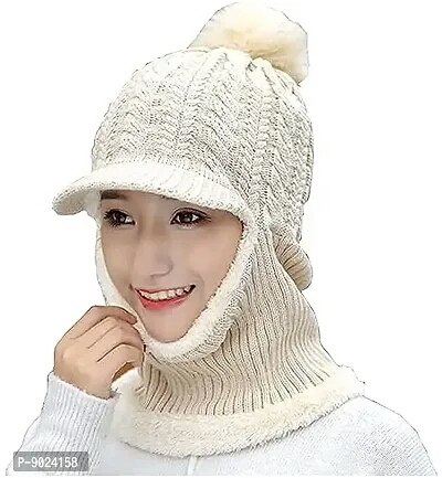 ZaySoo Women and Girls Warm Winter Knitted Hats Add Fur Lined Warm Winter Hats That Cover Face with Attached Neck Cover and Mask - White, Free Delivery, Free Size