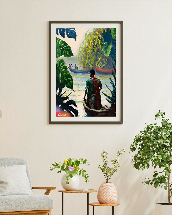 TGW Indian+boat-man in the river looking at plants with monstera - A2