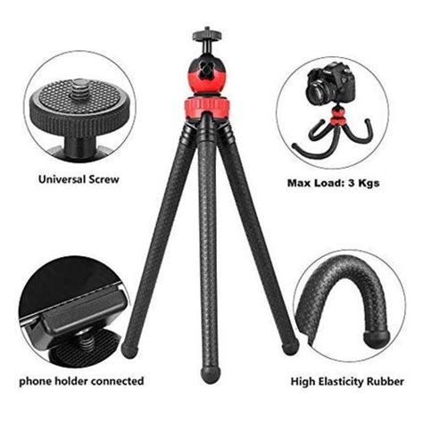 Flexible Gorillapod Tripod with 360 Rotating Ball Head Tripod for All DSLR Cameras(Max Load 1.5 kgs) & Mobile Phones + Free Heavy Duty Mobile Holder(Black) (12 Inch, Black and Red)