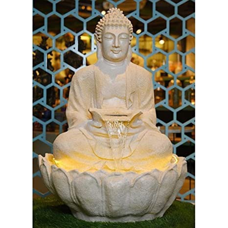  Water Fountain Fiber Buddha Water Fountain (Cream) with Light & Water Pump - 3Feet, Cream