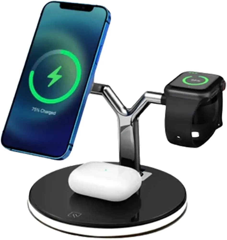 3 in 1 Wireless Multifunction Magnetic Charging Station Dock Stand Holder Compatible with Qi Phones iWatch Airpods Series - Black