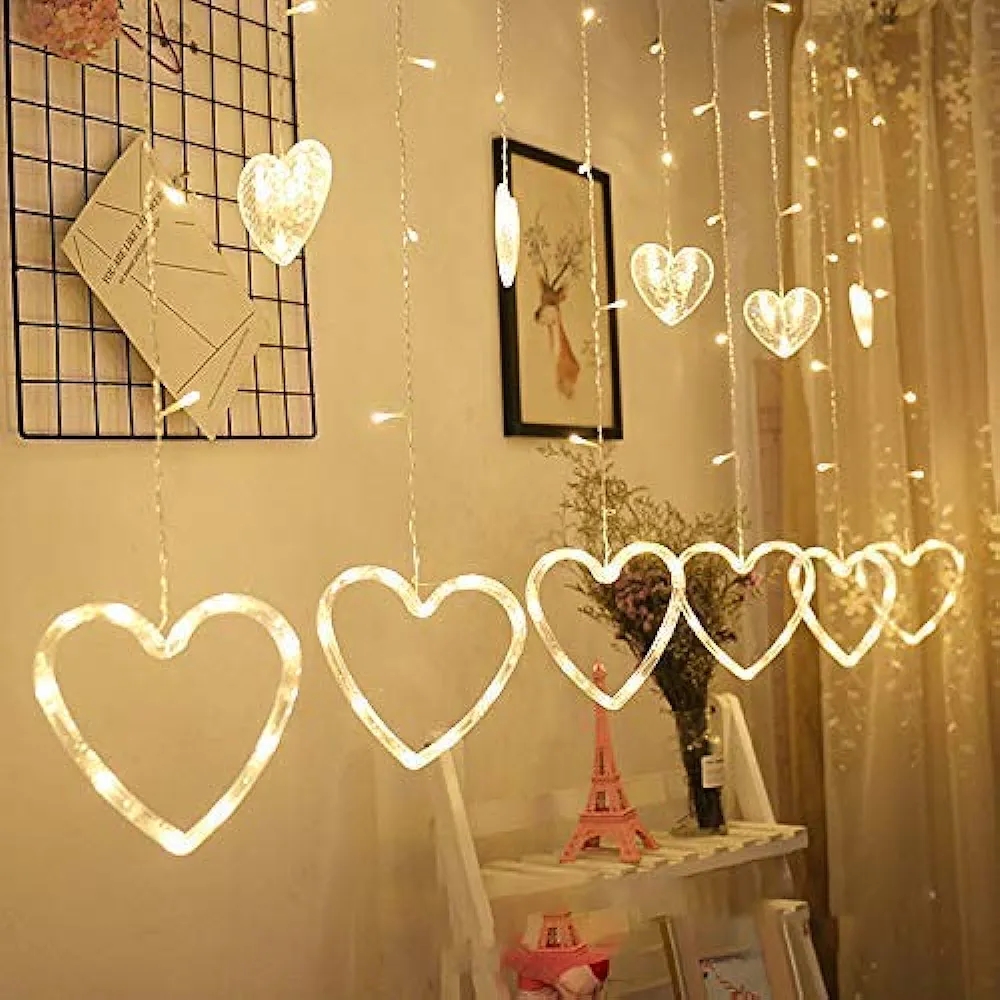 Heart Shape Curtain String Lights with 8 Flashing Modes Decoration (12 Hearts, Warm White), Prong Base, Pack of 1 Warm White
