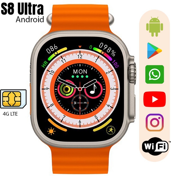 S8 Series 8 Ultra Smartwatch - 4G Simcard Supported Android Smartwatch - Web Orange