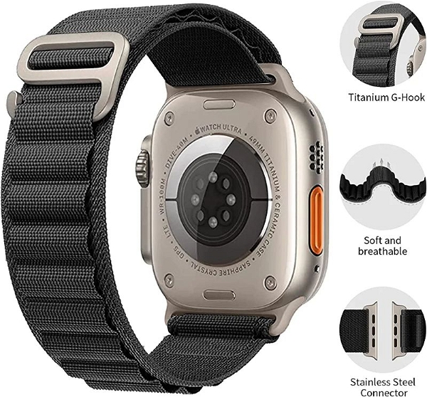 Alpine Loop Compatible with Apple Watch Strap 42mm 44mm 45mm 49mm, Textile Nylon Rugged with Titanium Metal G‑Hook Band Compatible for iWatch Band Series Ultra 8 7 6 5 4 3 2 1 SE ( Black)
