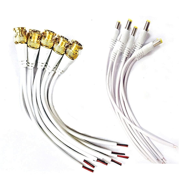 Combo Pack of 10 Pc BNC Connector with Copper Wire Moulded - 18CM and 10 Pc DC Power Pigtail Male Cables with 2.1mm Connectors Barrel Jack for Surveillance CCTV Camera (White)