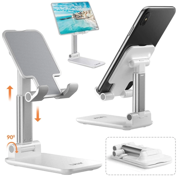 Fully Foldable Tabletop Desktop Tablet Mobile Stand Holder - Angle & Height Adjustable for Desk, Cradle, Dock, Compatible with Smartphones & Tablets