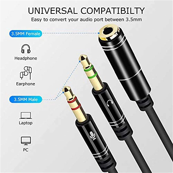 Gold Plated 3.5mm Stereo 2 Male to 1 Female Y-Splitter AUX Cable with Separate Headphone/Earphone/Microphone - (33cm) -Round version Black