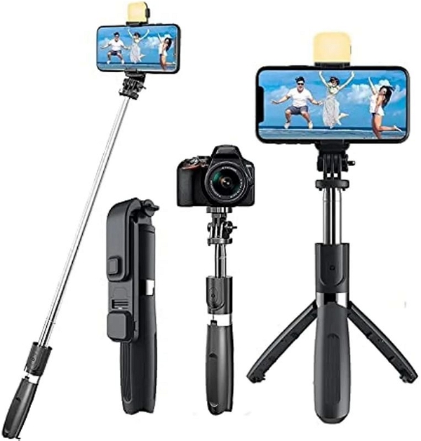 R1s Bluetooth Selfie Sticks with Remote and Selfie Light, 3-in-1 Multifunctional Selfie Stick Tripod Stand Mobile Stand Compatible with All Phones (Black) - Black