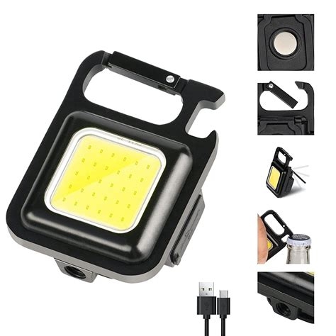 The Genuine Keychain LED Light with Bottle Opener, Magnetic Base and Folding Bracket Mini COB 500 Lumens Rechargeable Emergency Light (Square with 4 Modes)
