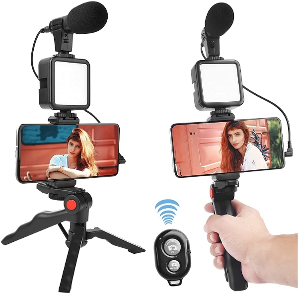 Video Making Vlogging Kit Mini Trypod With Microphone and LED Fill 4 in 1 For Smartphones