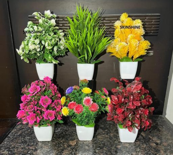 Skinshine Artificial Flower Plants for Gifting, Office Desk, Garden, Pot for Shelf, Bedroom, Balcony, Living Room, Farmhouse, Indoor, Outdoor, Home Diwali Decorations (Multicolor, with Leaves) (With White Pot) (Pack of 6)Name: Skinshine Artificial Flower Plants for Gifting, Office Desk, Garden, Pot for Shelf, Bedroom, Balcony, Living Room, Farmhouse, Indoor, Outdoor, Home Diwali De