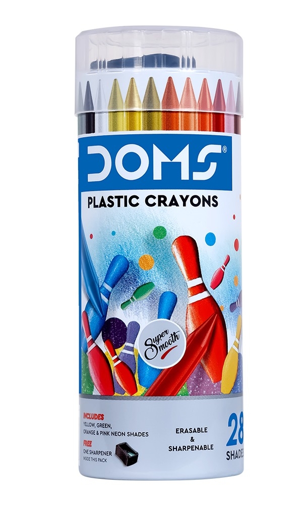 Doms Plastic Crayons 28 Shades Round Tin Box - 1