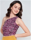 One Shoulder Sleeveless Crop Top - Multicolor, S, Free