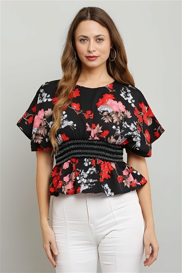 Cinched Lace Waist Printed Top - Black, L, Free