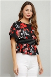 Cinched Lace Waist Printed Top - Black, M, Free