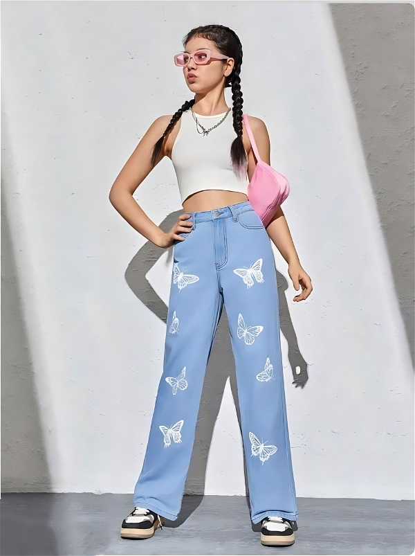 Butterfly Printed High Rise Jeans - Blue, 30, Free