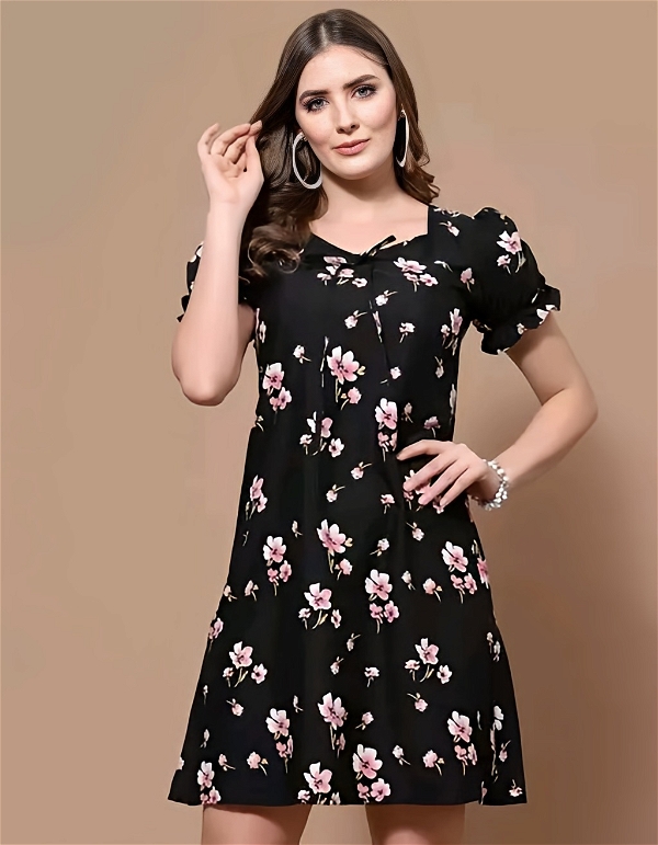 Floral Short Dress - Black, XXL, Free