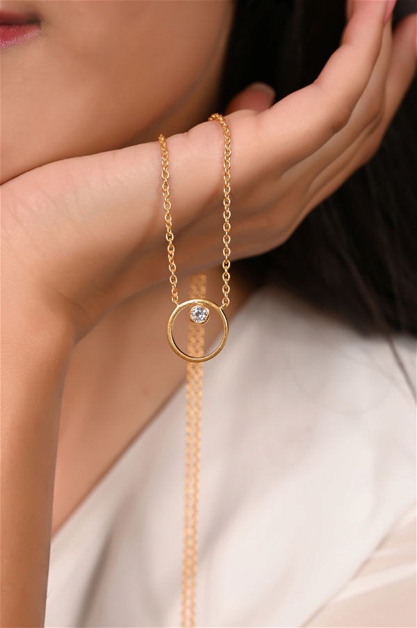 Mira Crystal Circle Pendent  - Yellow Gold, Pendent Length: 20 Inch, Pendent