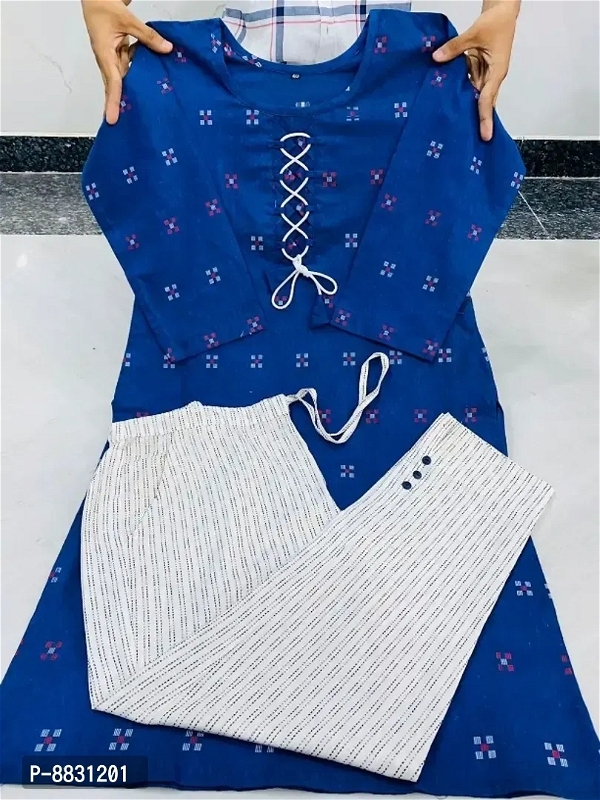 100787 Cotton Kurti With Ankal Pant Set - L, Royal Blue