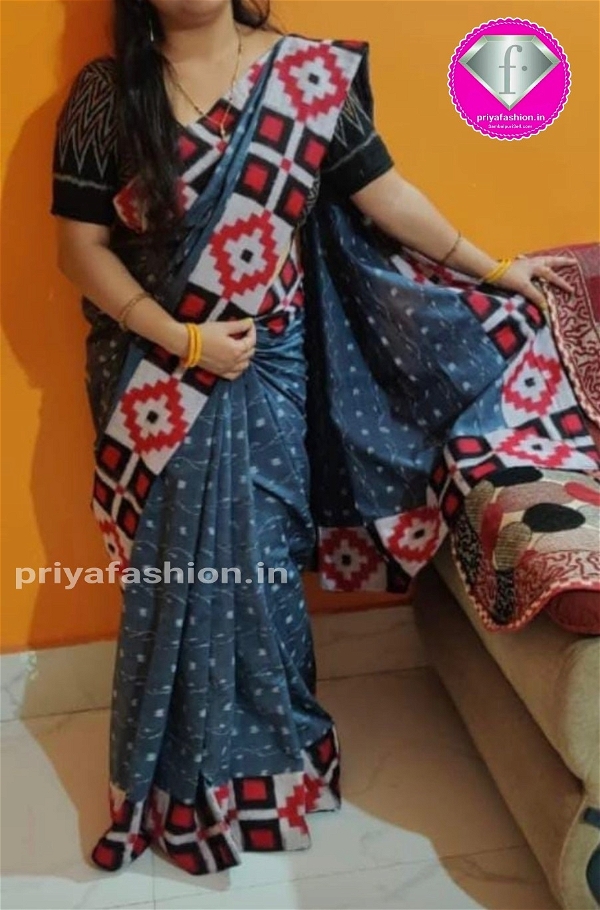 100906 Sambalpuri Handloom Cotton Patchwork Saree With Blause  - Oslo Gray